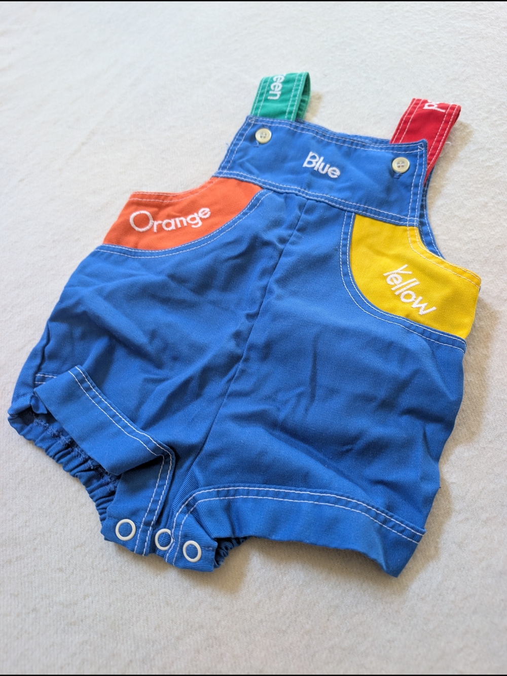 Vintage Toddle Tyke 12 Mos Colorblock Shortalls Overalls Crayon Colors